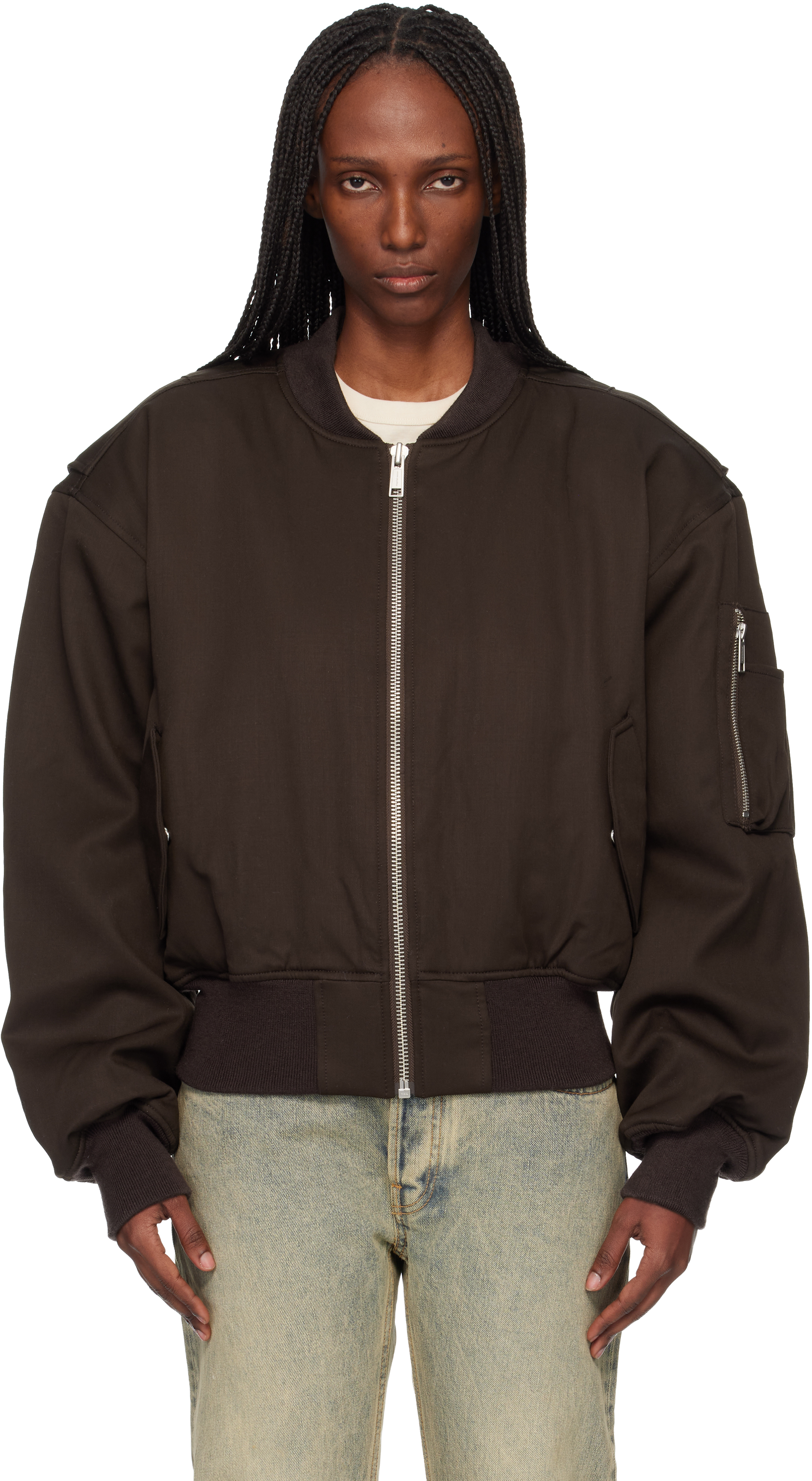 Brown Cropped Broad Suiting Bomber Jacket