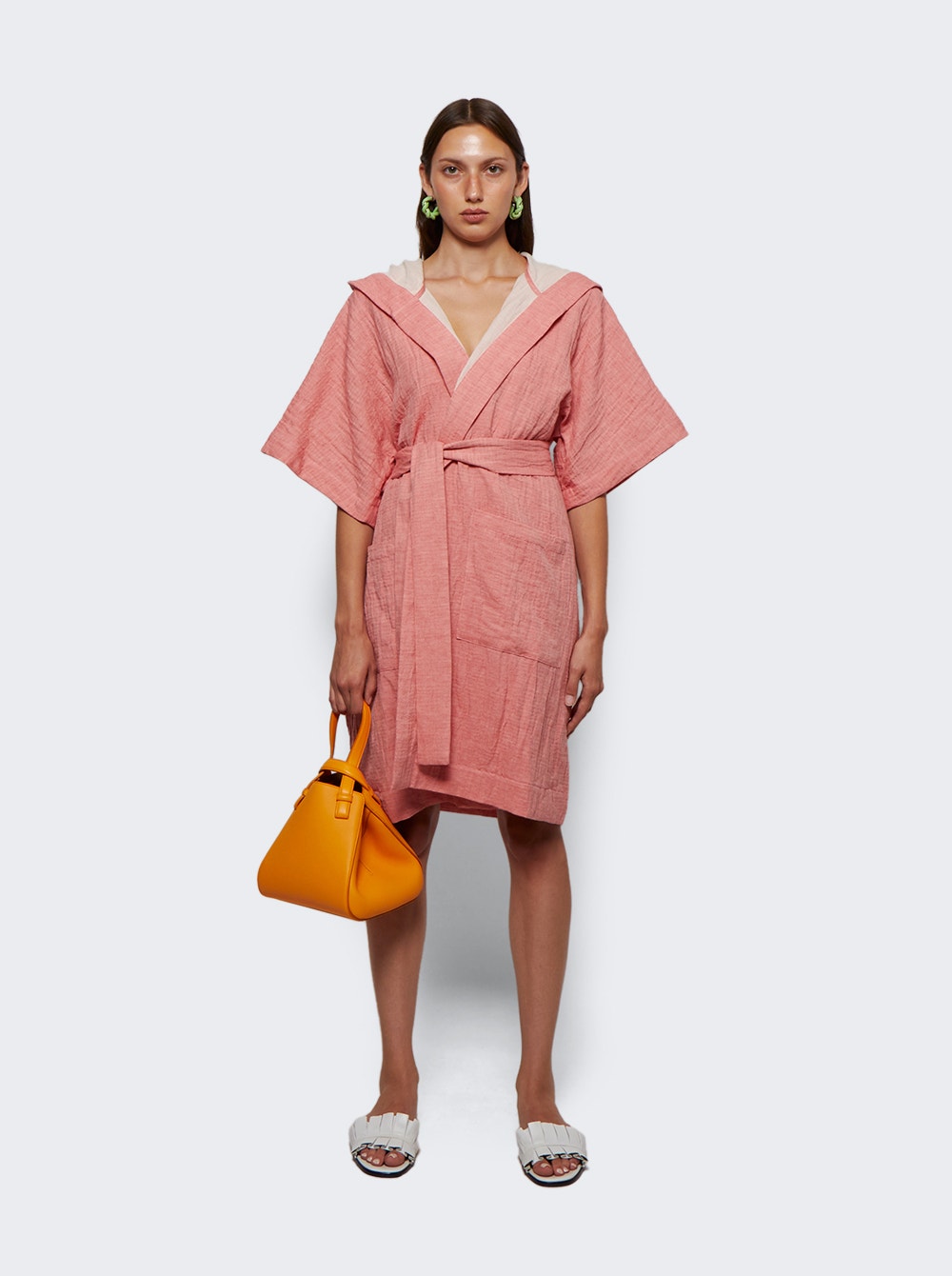 Hooded cotton-linen dressing gown - Pink