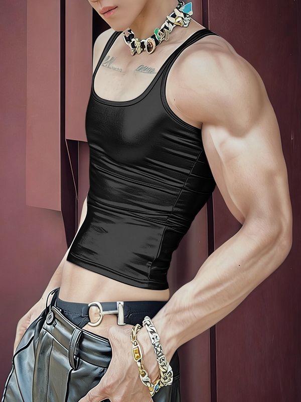 Men's Solid Color Glossy Cropped Tank SKUL50525 - Black / S