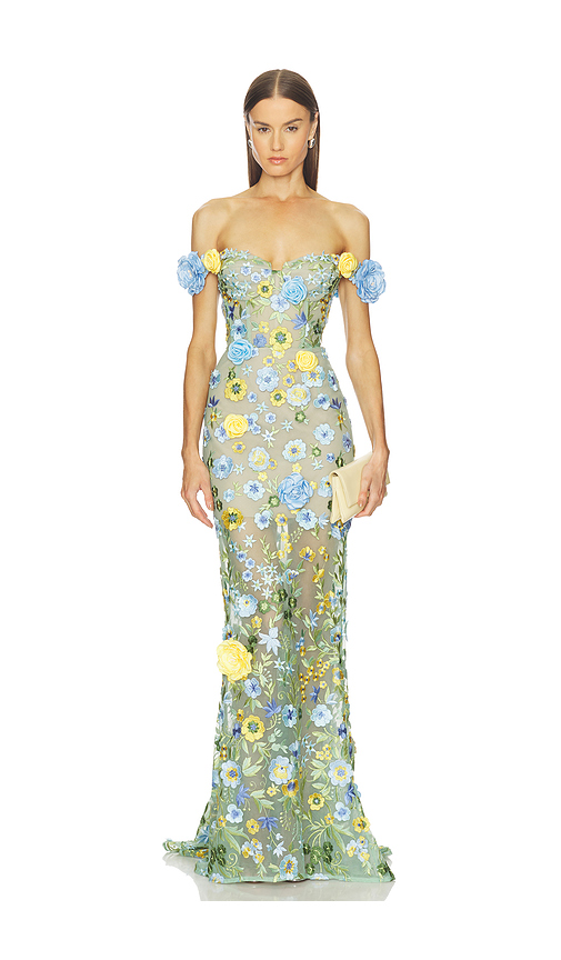 Bronx and Banco Portofino Floral Jasmine Off The Shoulder Gown in Teal. M. Also in L, S