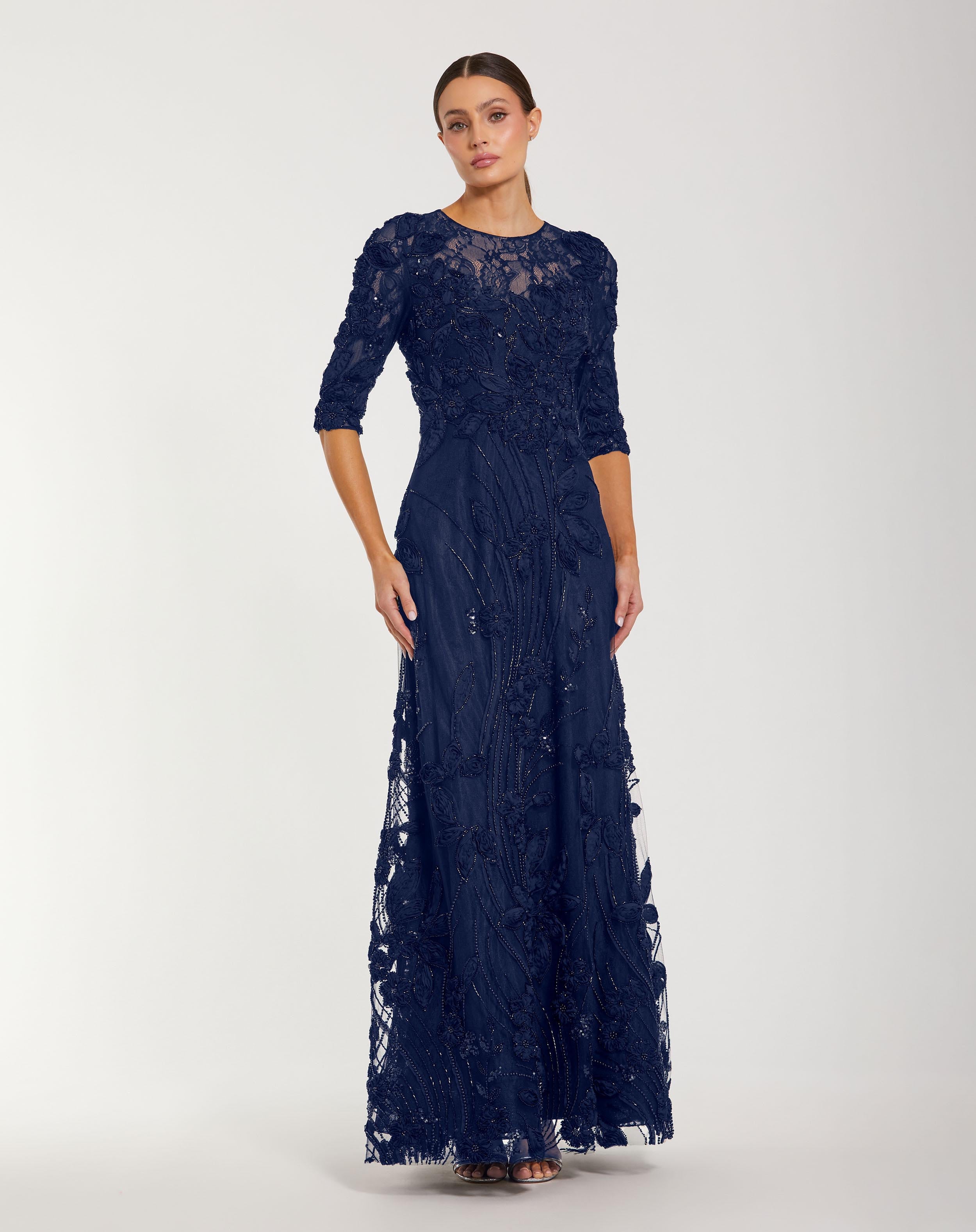 Navy High Neck Embellished Lace Wedding Guest Maxi Gown with 3/4 Sleeves