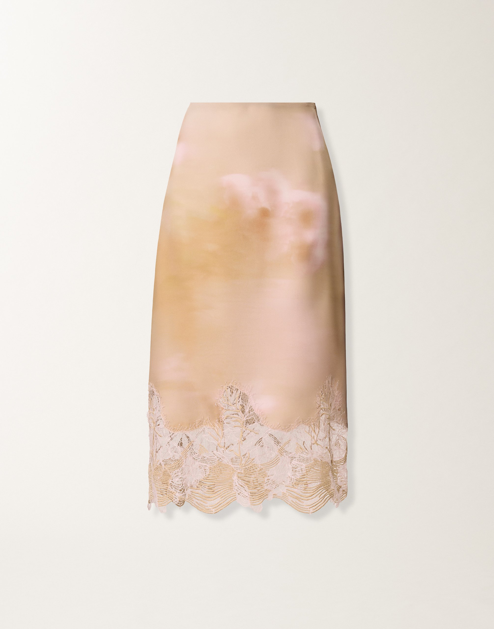 Printed silk twill skirt with lace, memento rosae