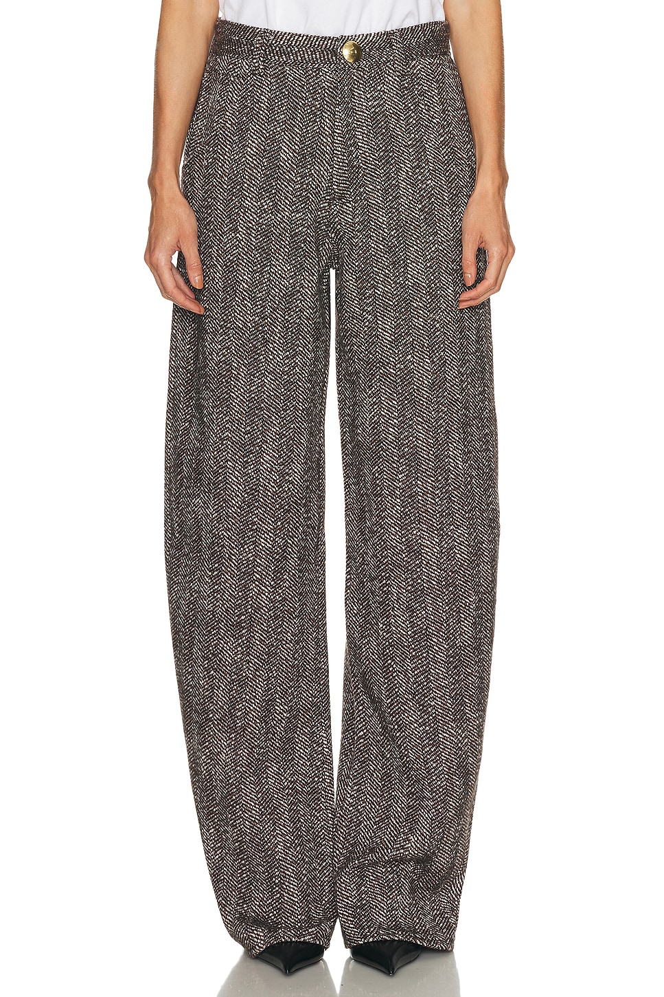 DARKPARK Khris Herringbone Wool Barrel Leg Pant in Brown Black & White - Grey. 30 also , 25, 26