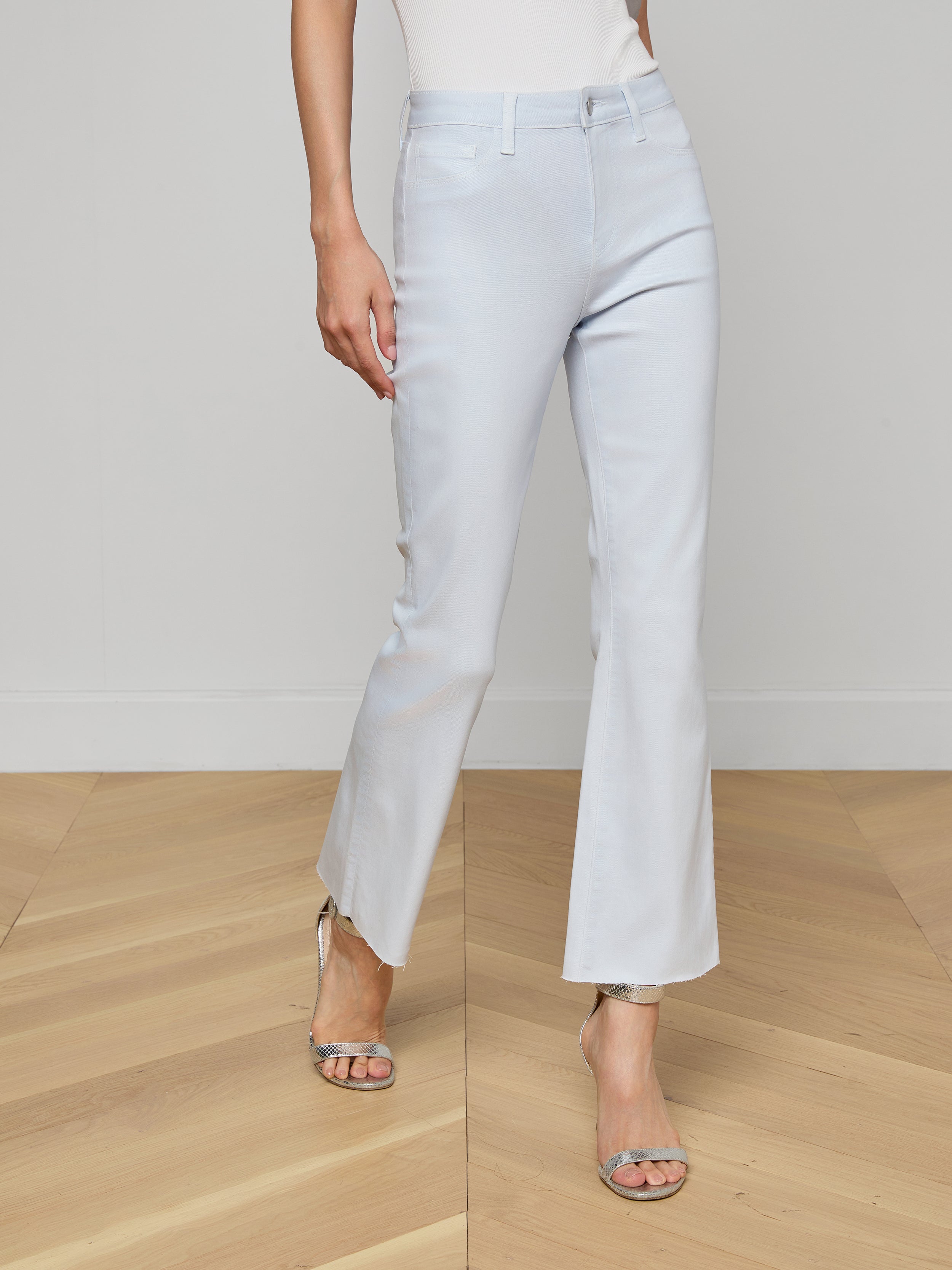 Kendra Coated Cropped Flare Jean In Pale Mist Blue Coated
