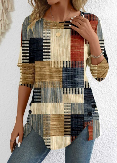 Modlily Brick Red Button Geometric Print Long Sleeve T Shirt