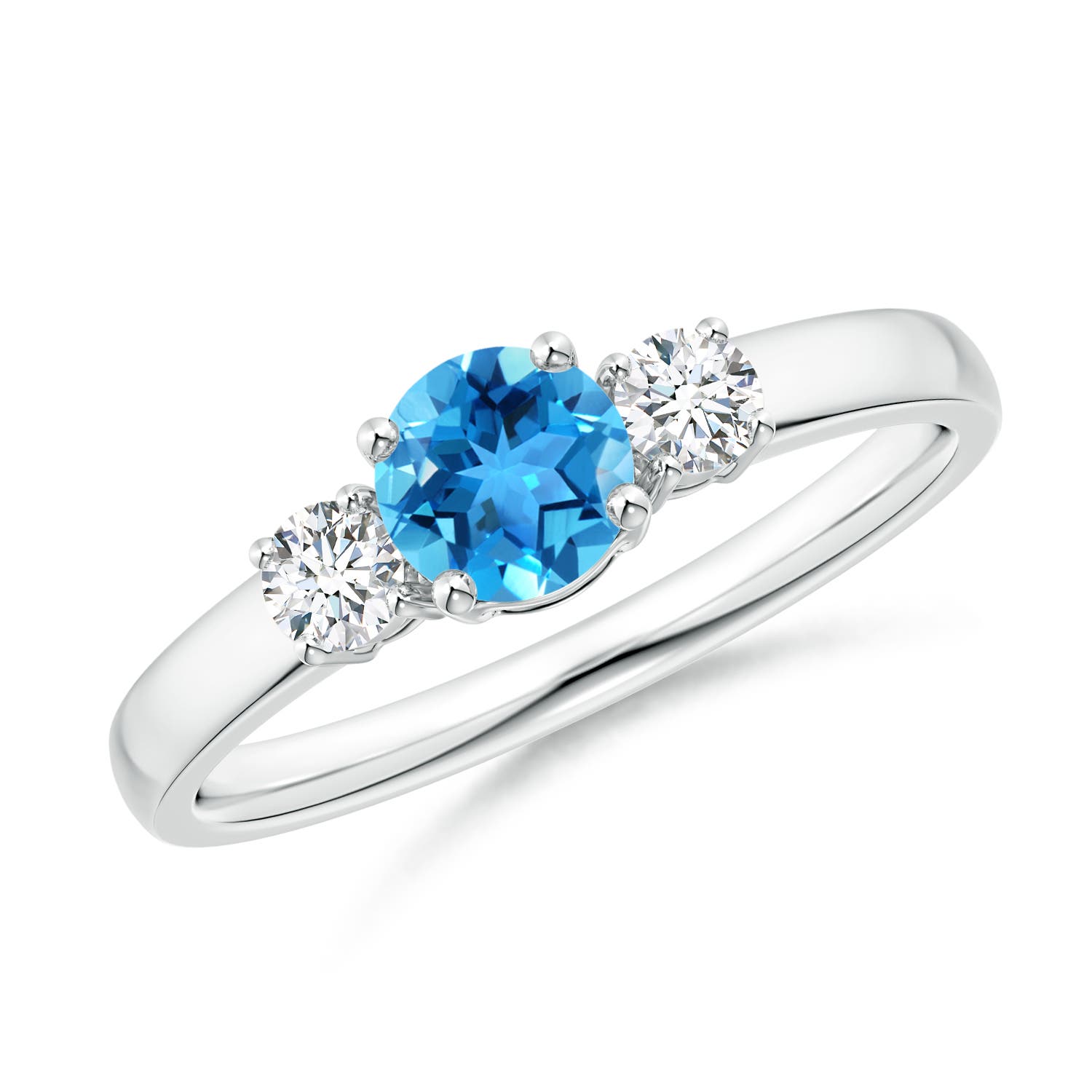 Angara 0.6 Carat Classic Round Swiss Blue Topaz and Diamond Three Stone Engagement Ring in Silver