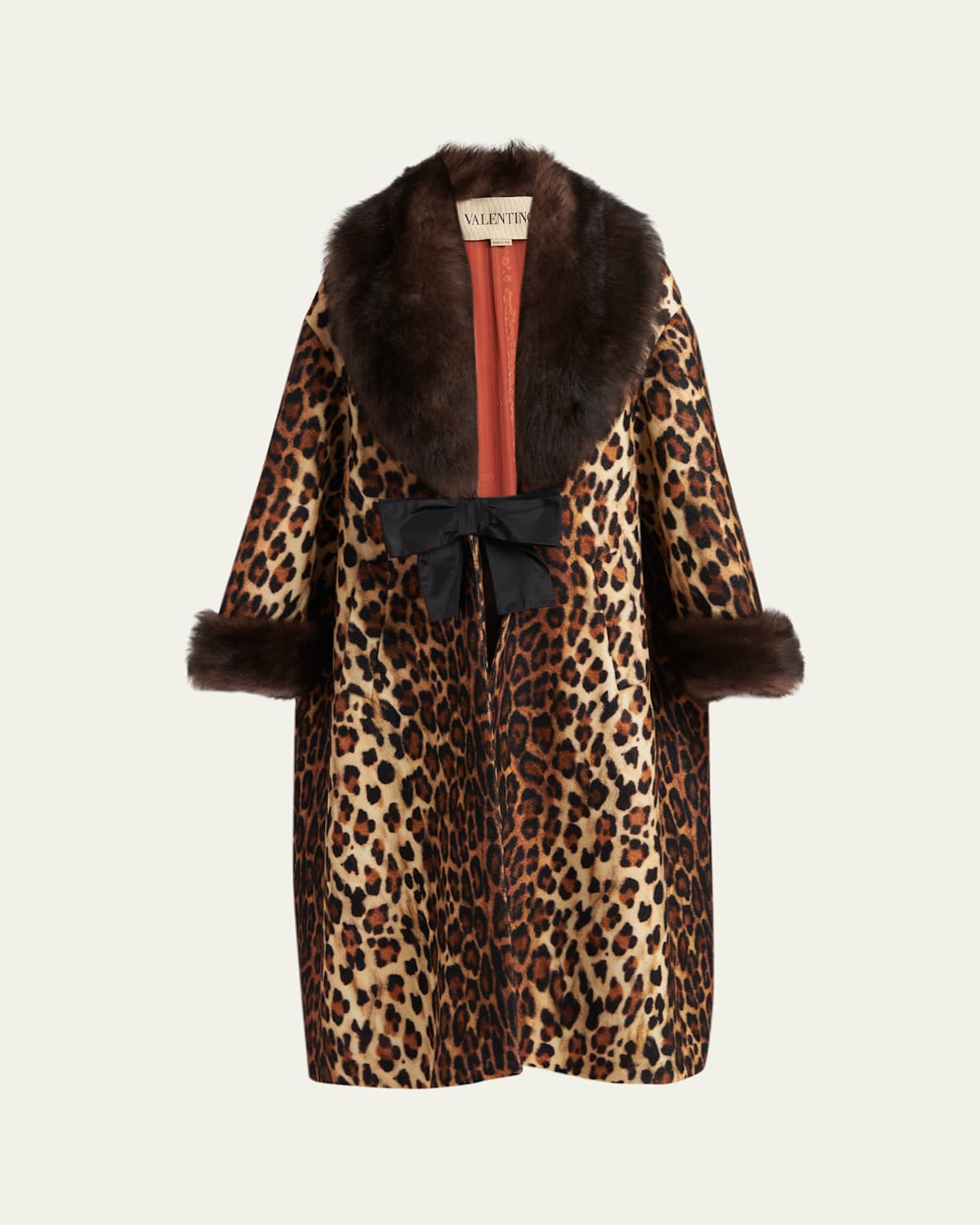 Sheep Shearling-Trim Leopard-Print Wool Oversized Coat