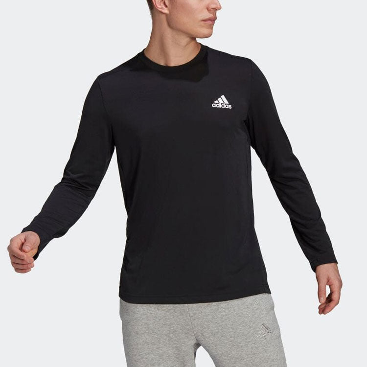 Men's Solid Color Logo Micro Mark Round Neck Long Sleeves Black T-Shirt