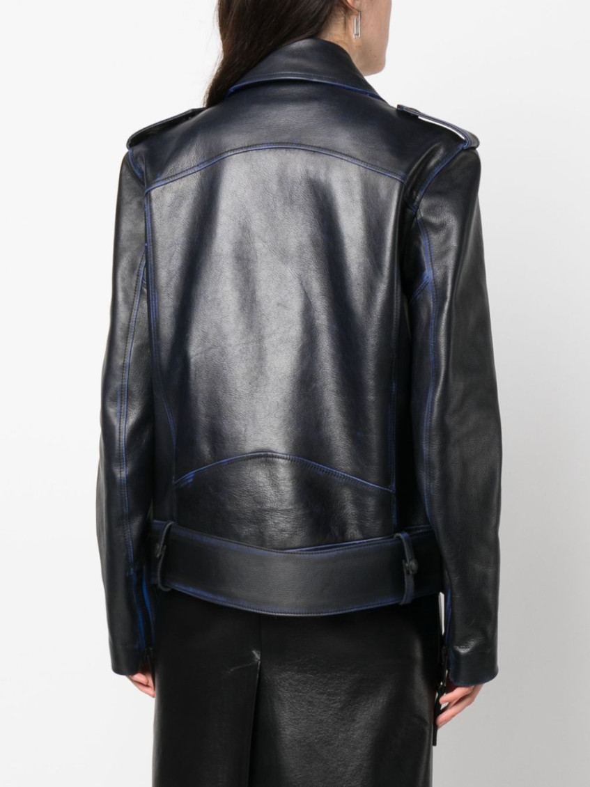 Contrast-trim leather jacket - COBALT BLUE WHITE