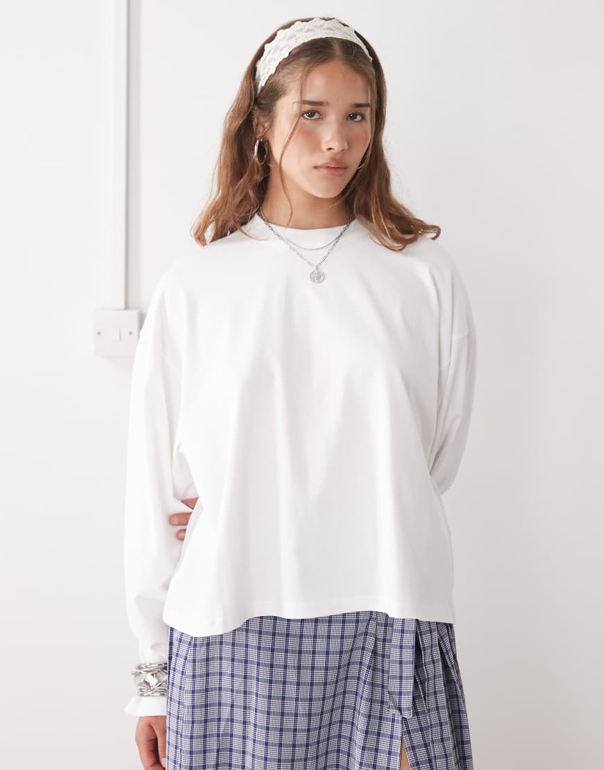 Bloom cotton long sleeve crew neck boxy T-shirt in white