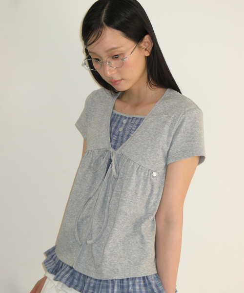CARDIGAN LAYERED SOFT CHECK T SHIRT GREY