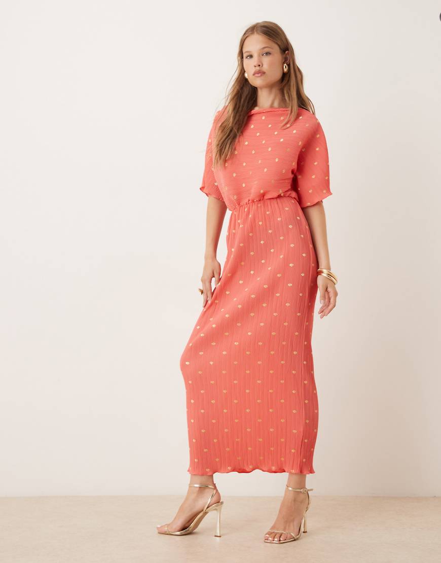 Tilly off shoulder plisse midaxi dress in coral and gold-Pink