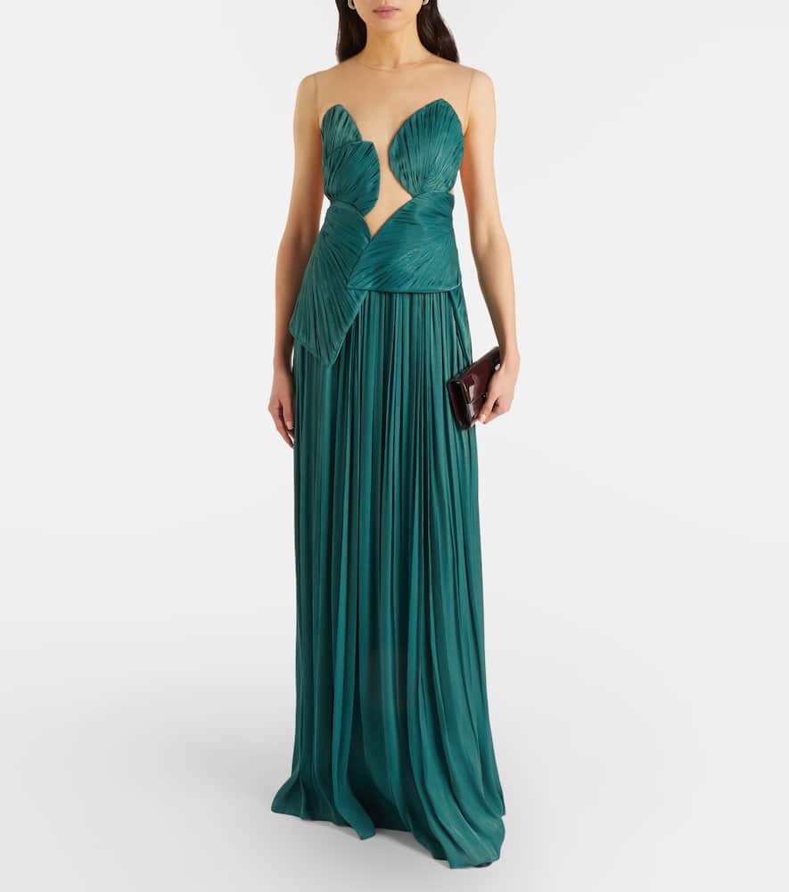Serenne trompe l'ail pleated lamé gown