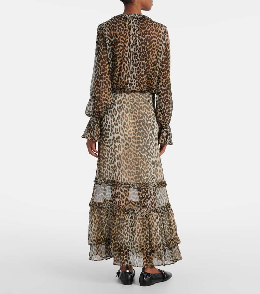 Leopard-print ruffled chiffon maxi skirt