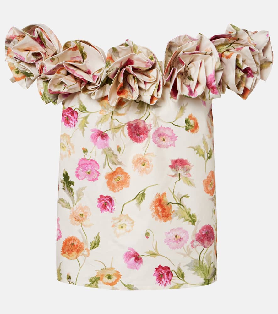 Floral-appliqué off-shoulder cotton-blend top