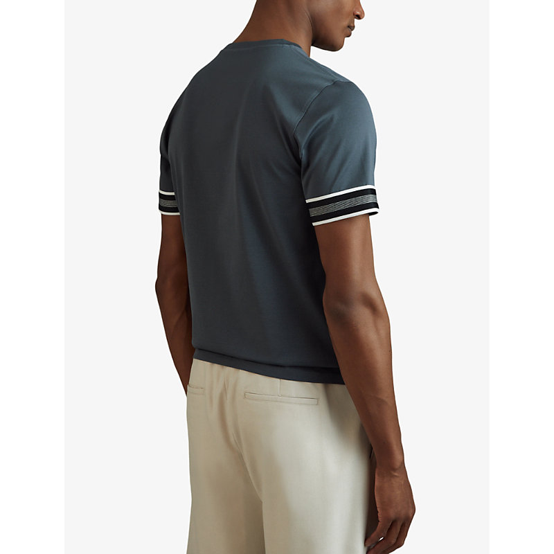 Mens Steel Blue Dune Striped-trim Cotton T-shirt XL