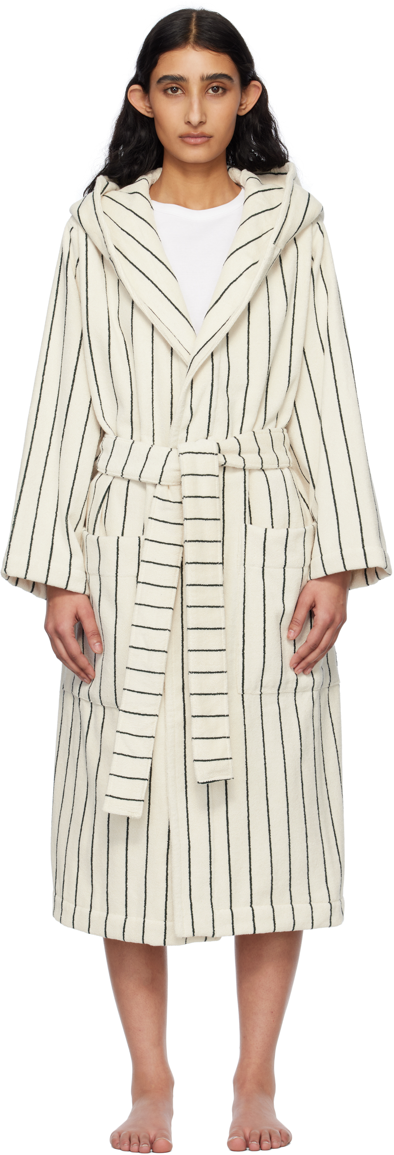 Tekla White & Green Terry Hooded Bathrobe