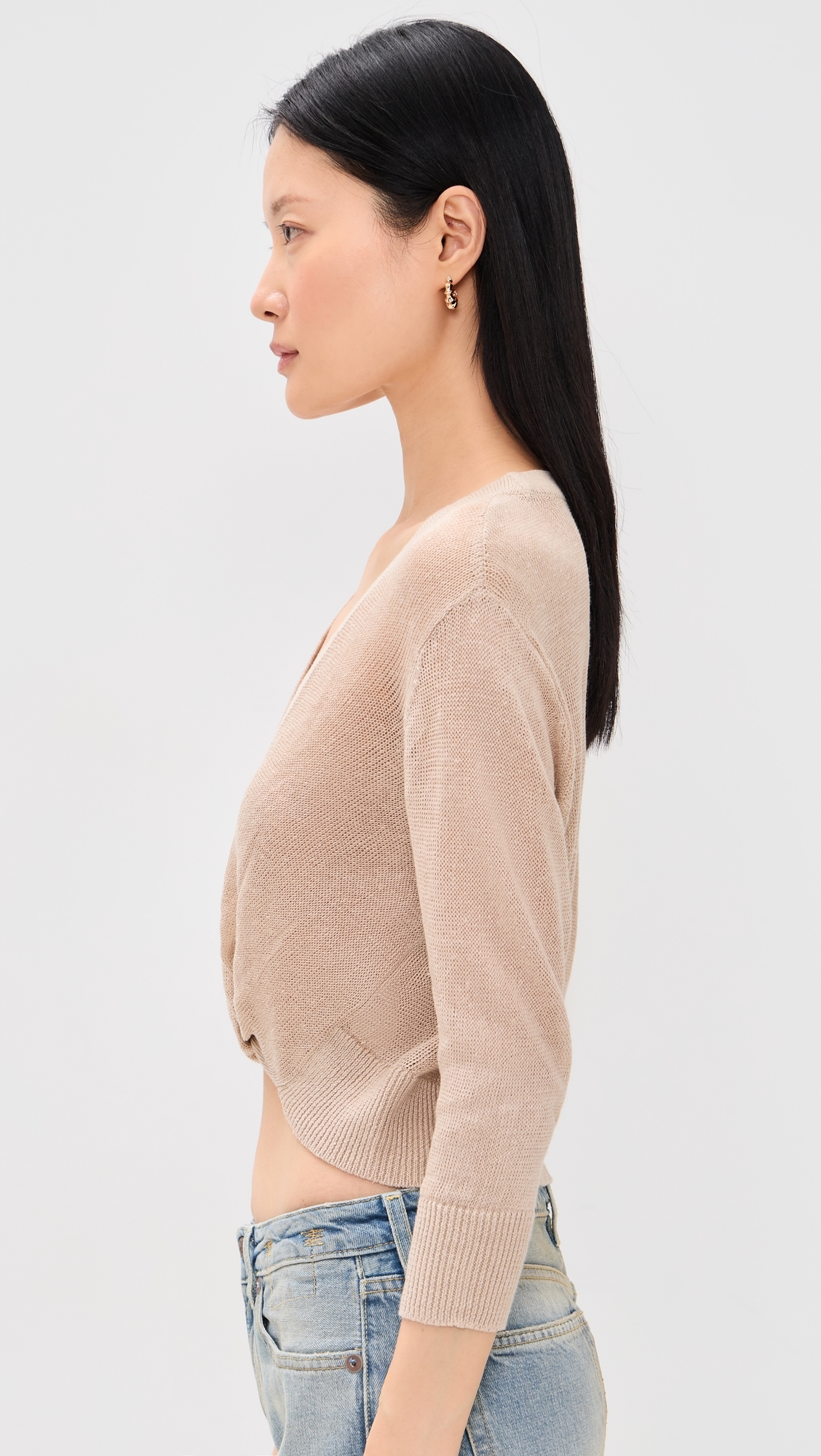 3/4 Sleeve Twisted Front Cardigan Light Khaki