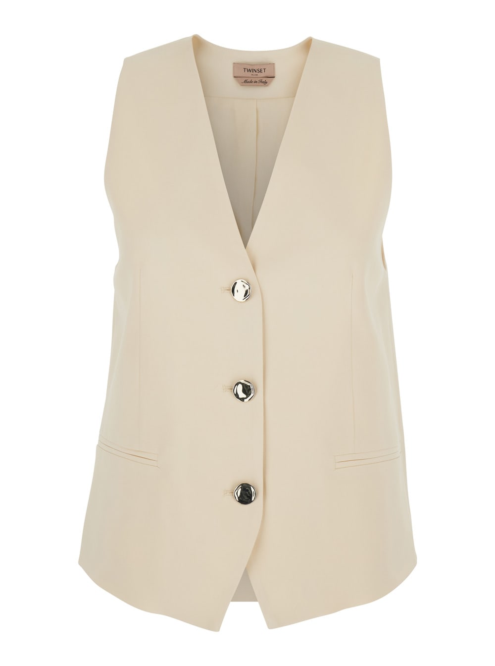 Beige Vest With V Neck And Front Button Closure In Fabric Woman