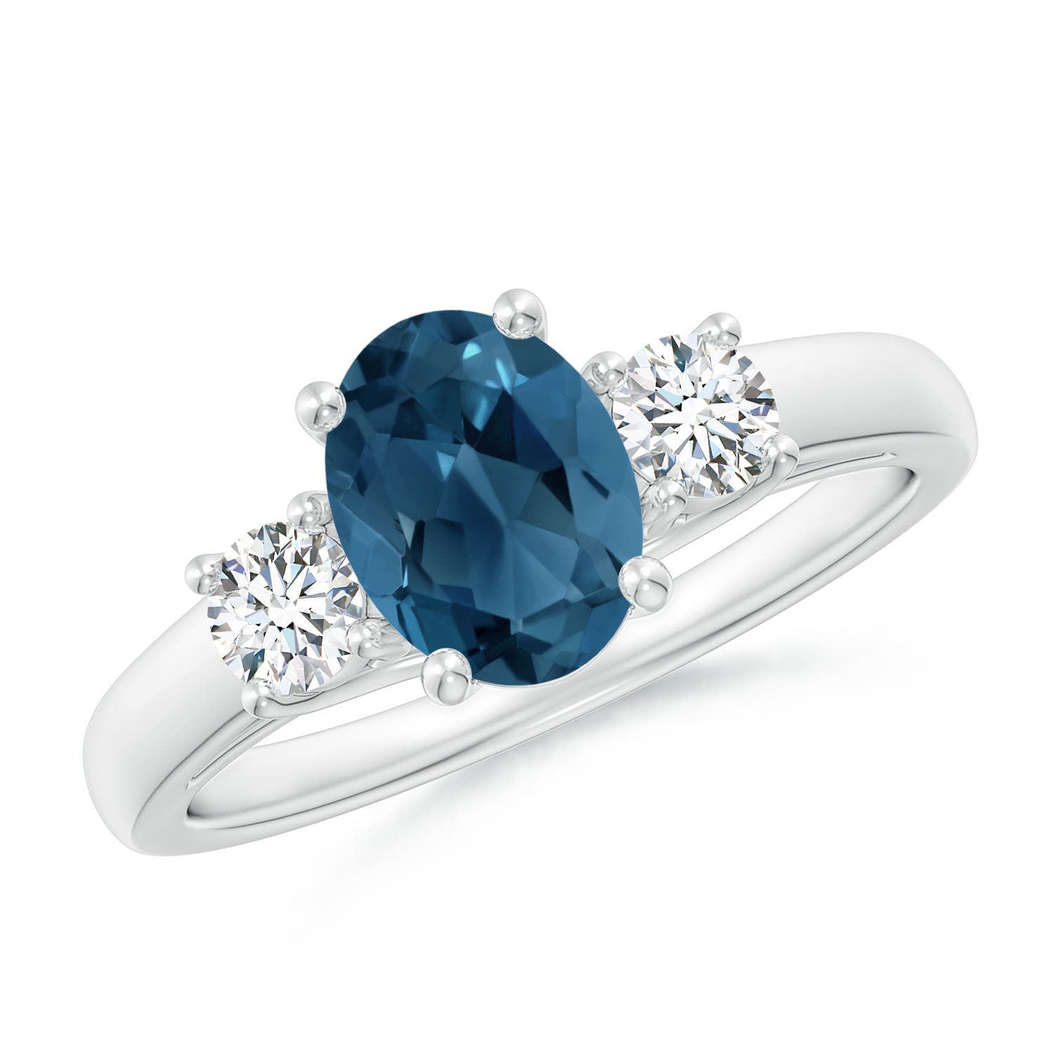 Angara 1.5 Carats Oval London Blue Topaz and Round Diamond Three Stone Ring in Silver