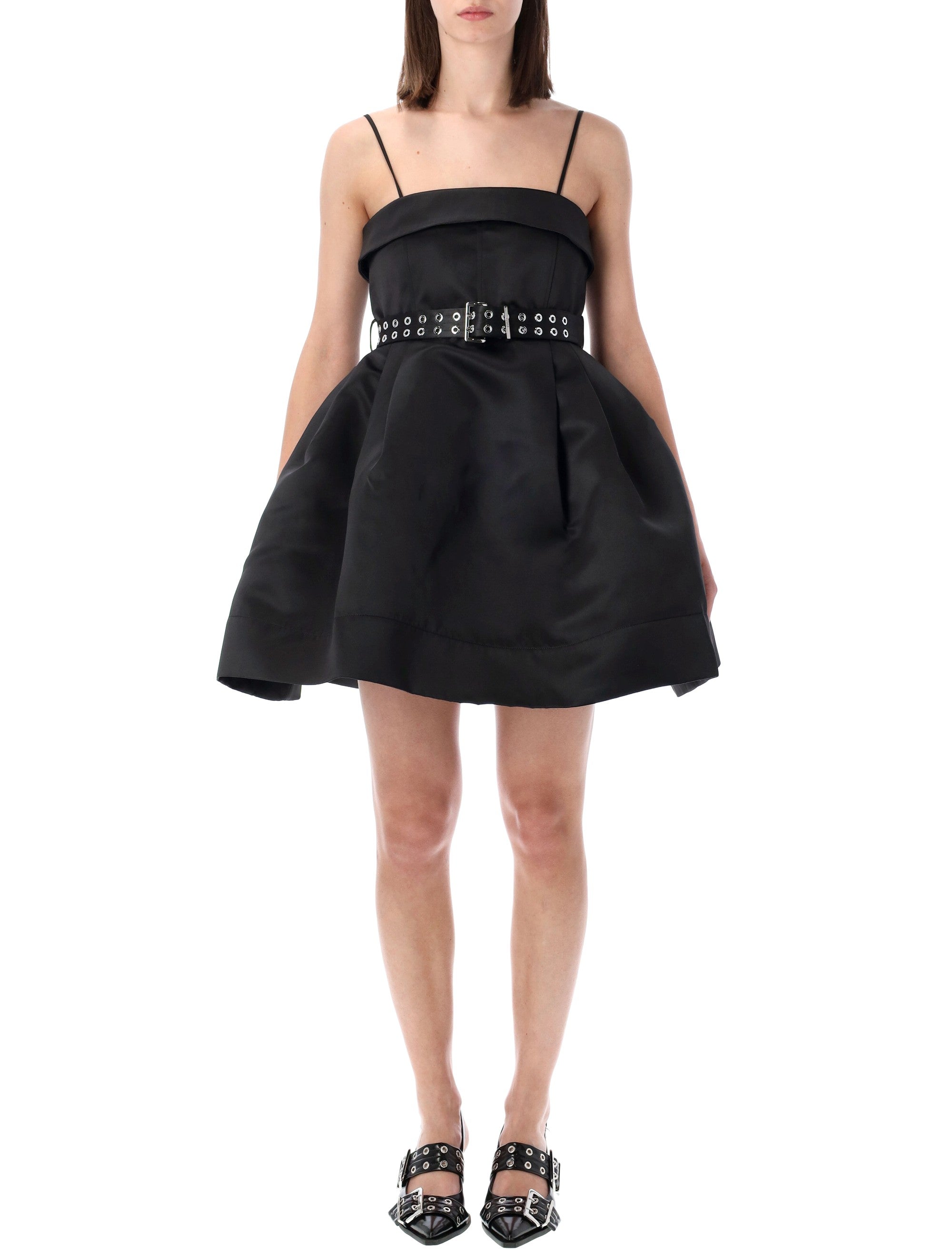Sleek Satin Dress with Straight Neckline and Matching Belt (Model 5'9" and Wears Size 36)