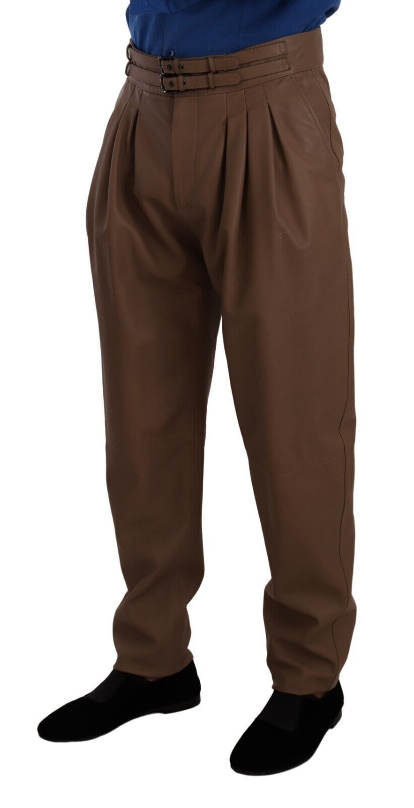 Leather High-Waist Tapered Trousers — Brown