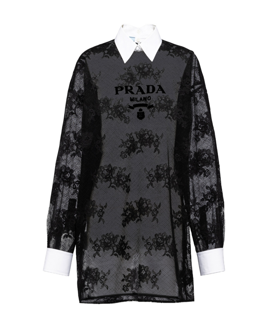 Embroidered lace and poplin mini-dress
