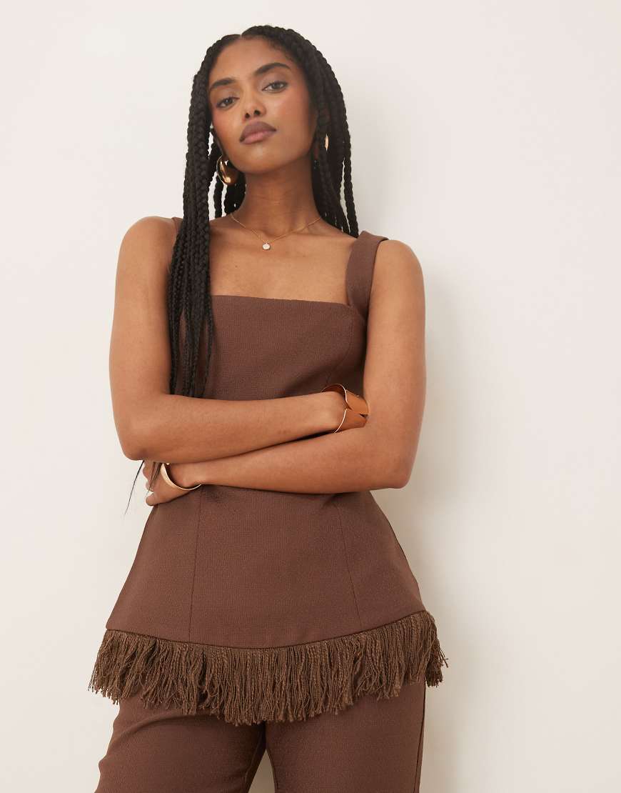 Verona fringed tweed top co-ord in chocolate-Brown