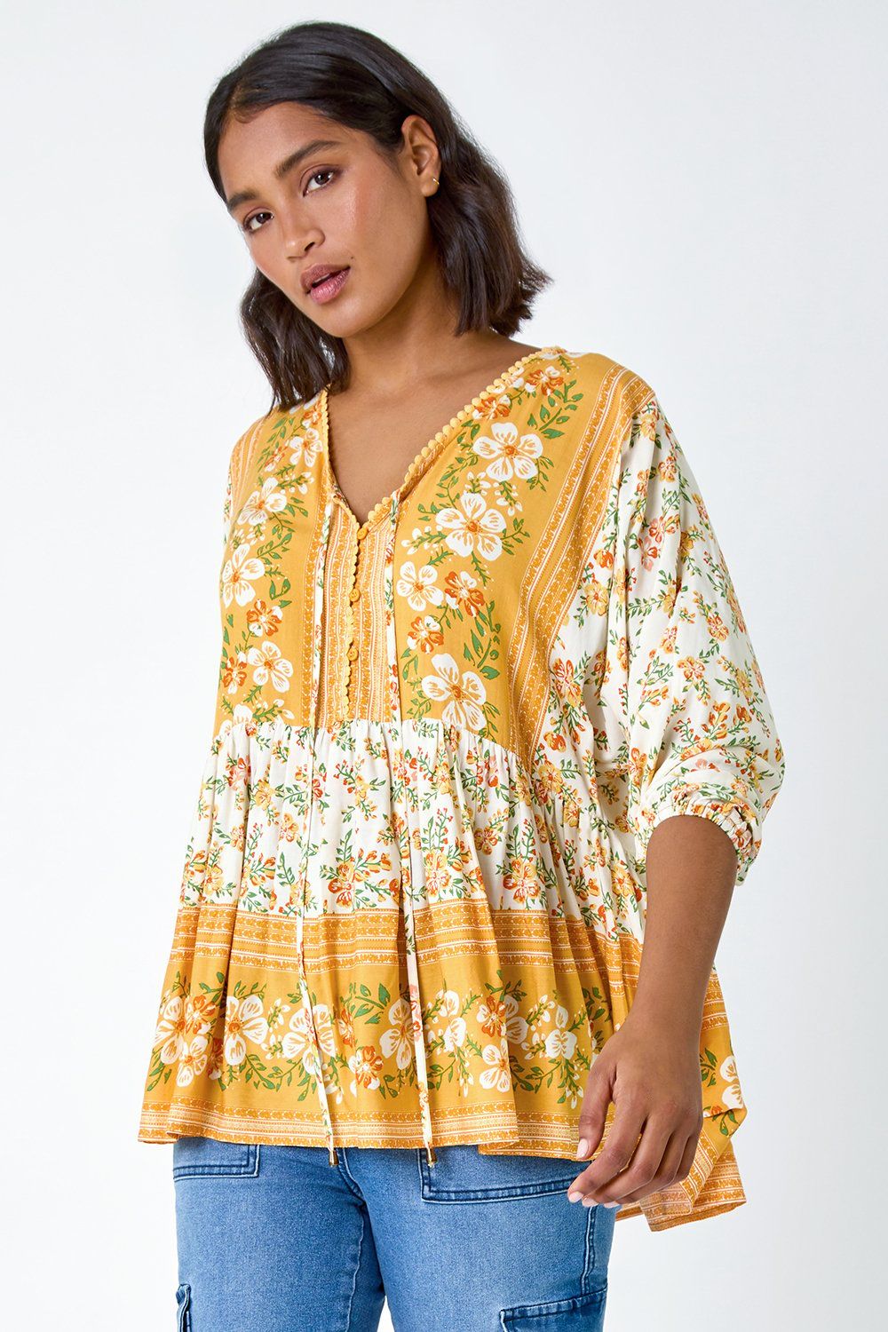 Roman Women's Floral Border Print V-Neck Overshirt in Yellow