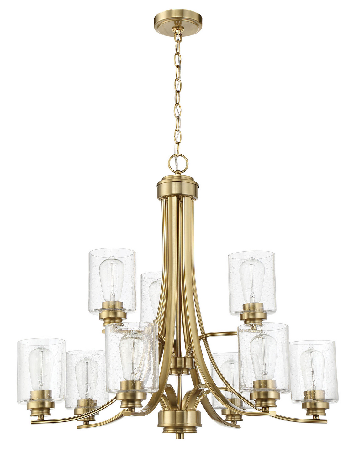 Satin Brass Nine Light Chandelier from the Bolden Collection