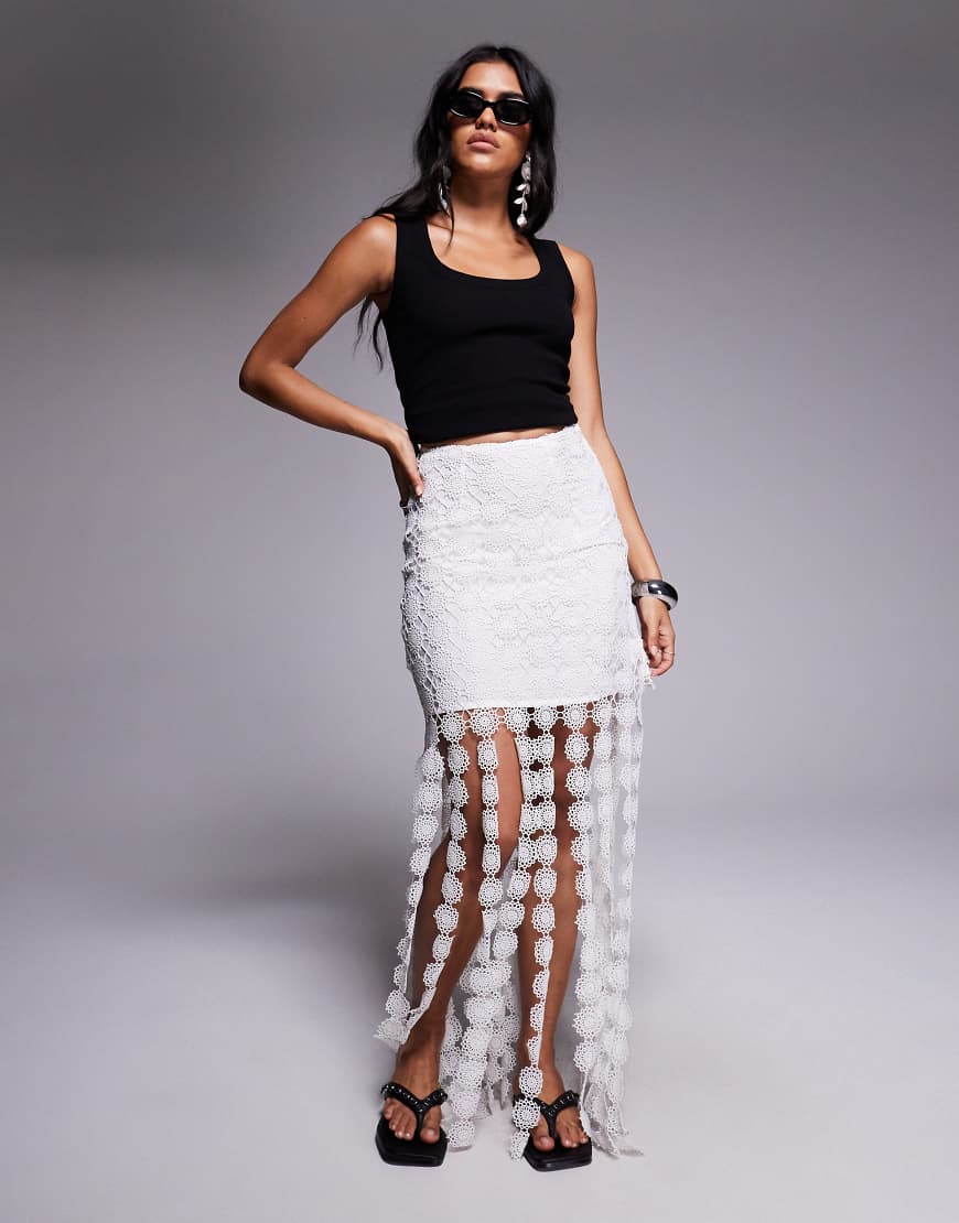 Crochet tassle midi skirt in white
