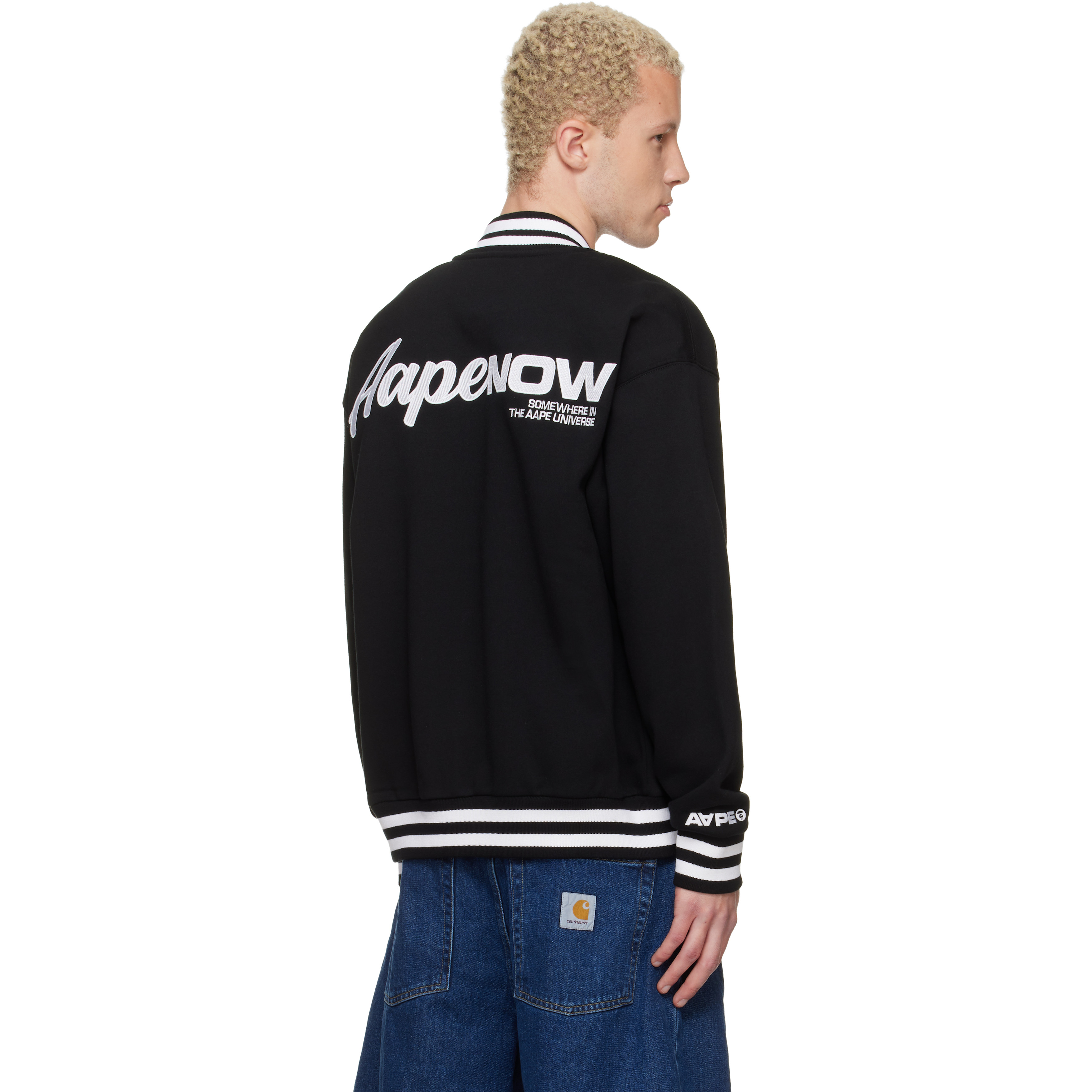 Black 'AAPENOW' Moonface Varsity Jacket