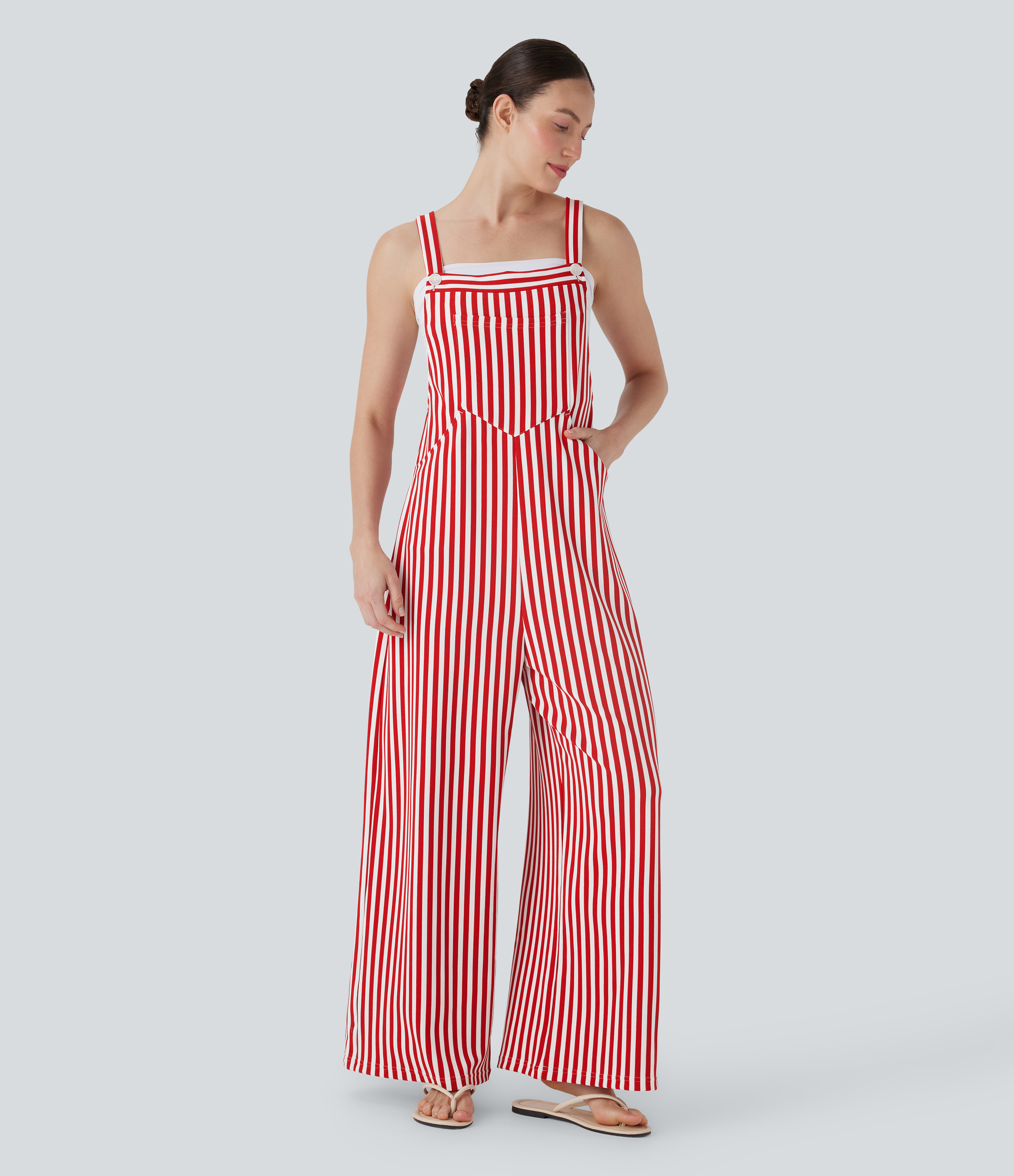Pockets Stripe Waffle Overalls  - Crimson Stripes