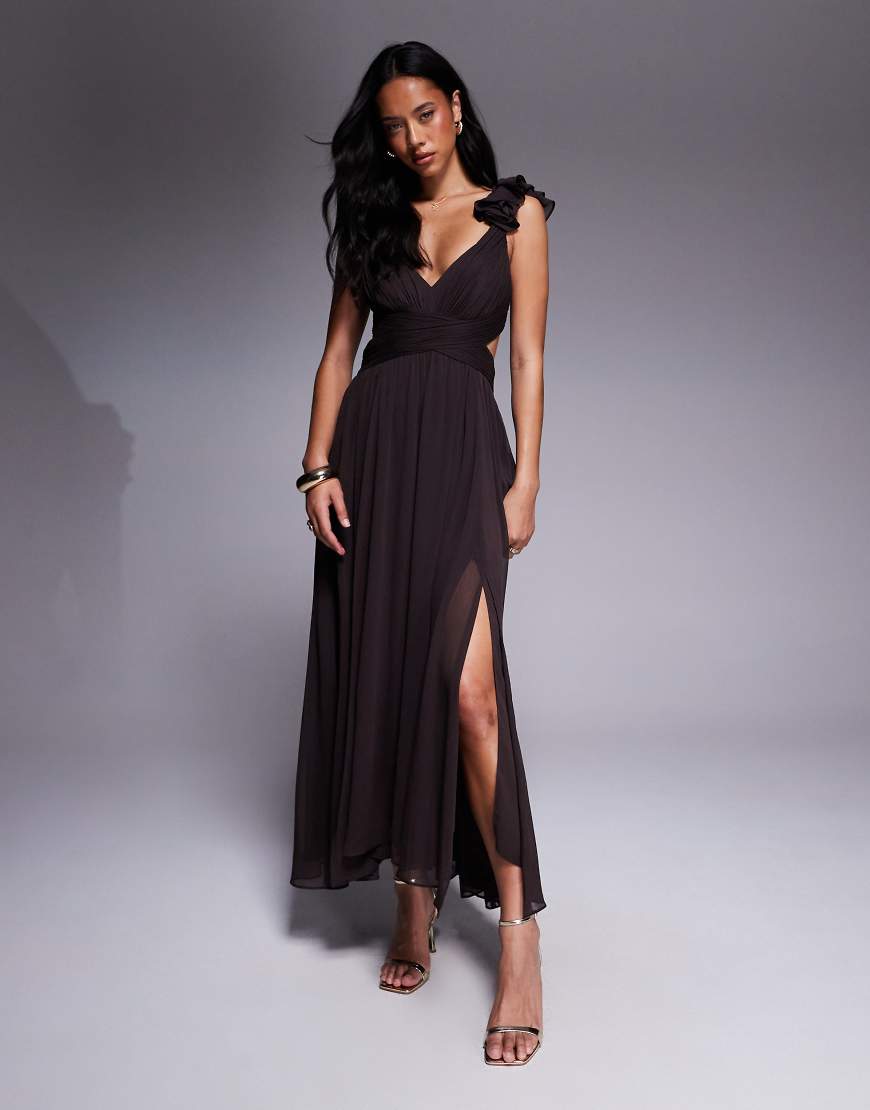 Ruffle shoulder midaxi dress in chocolate-Brown