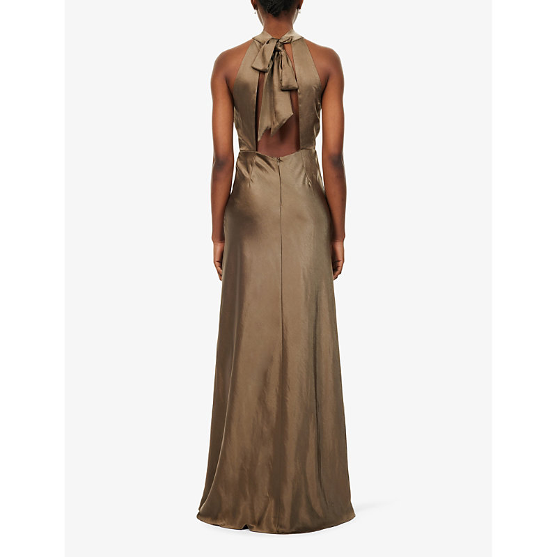 Womens Dark Olive Halterneck Slim-fit Satin Maxi Dress