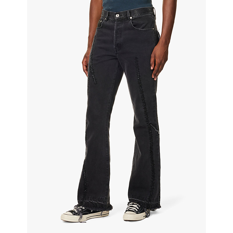 Mens Washed Black Yorke Flared-cuffs Straight-leg Regular-fit Denim Jeans