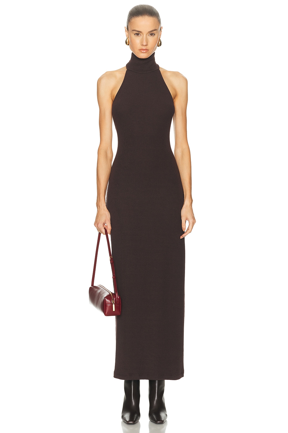 Enza Costa Knit Halter Turtleneck Fluid Dress in Brown