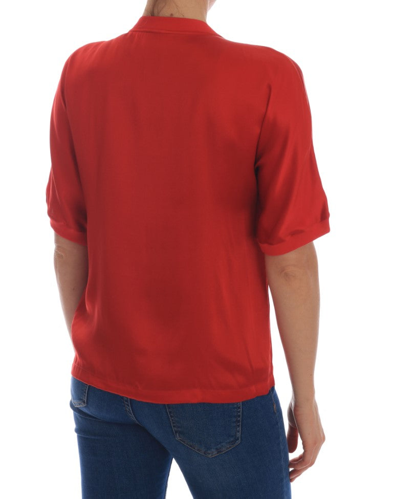 Silk Floral Crystal-Embellished Blouse — Red