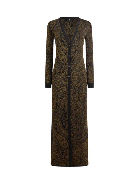 Maxi Cardigan In Wool-blend Jacquard With Metallic Paisley Motif