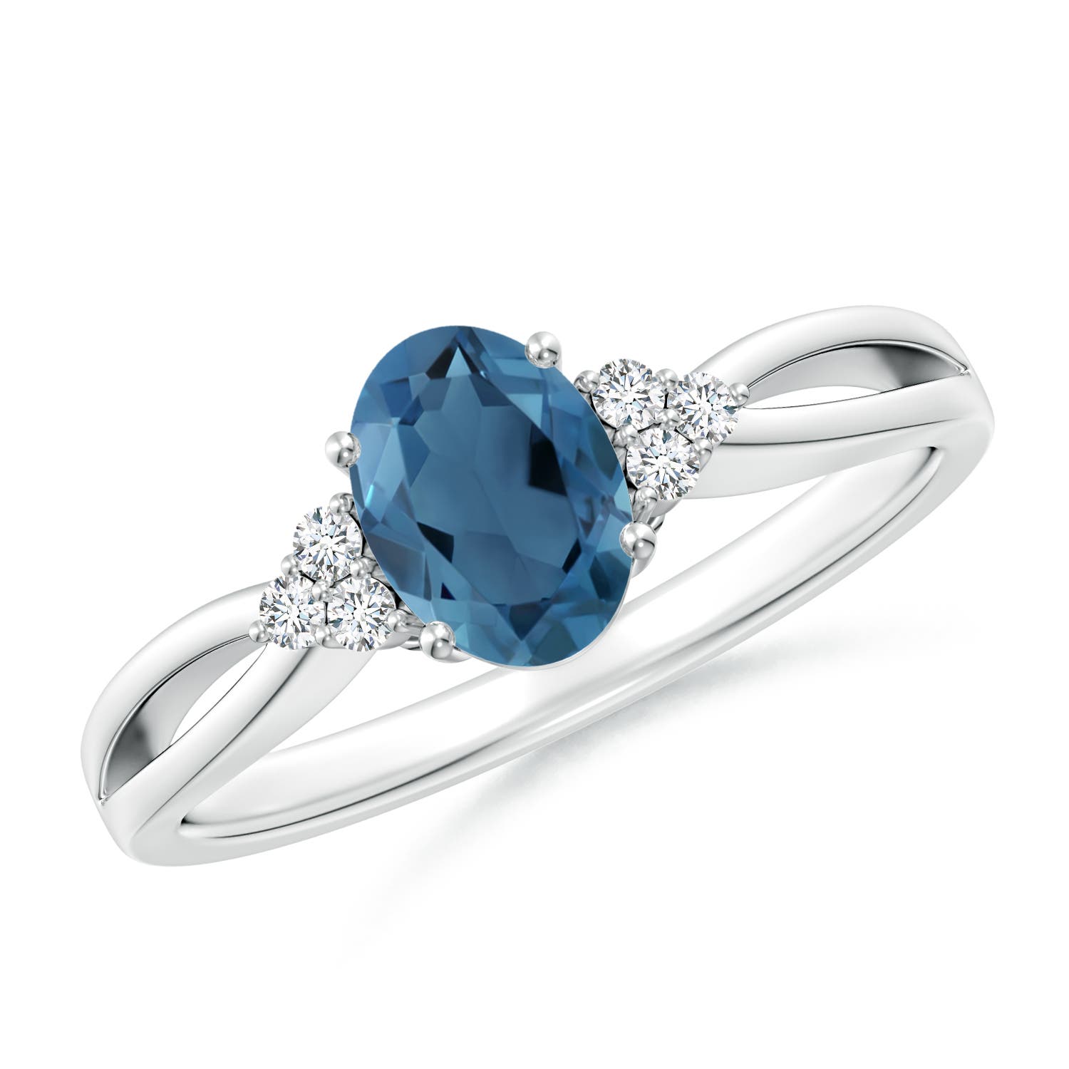 Angara 0.95 Carat Oval London Blue Topaz Split Shank Ring with Trio Diamonds in Platinum