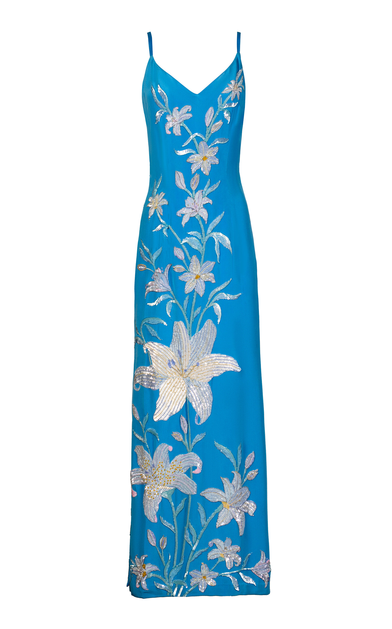 Aqua Lily Garden Emb Embroidered Silk Dress - Moda Operandi