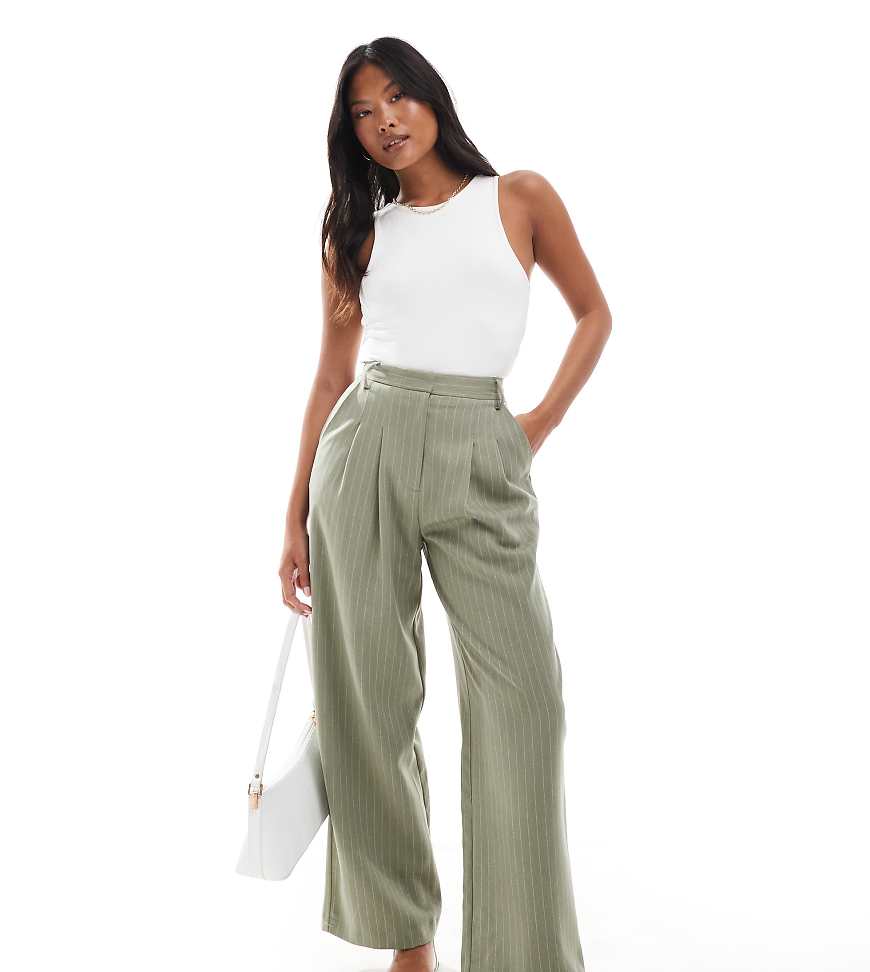Wide leg tailored pants in khaki pinstripe-Green