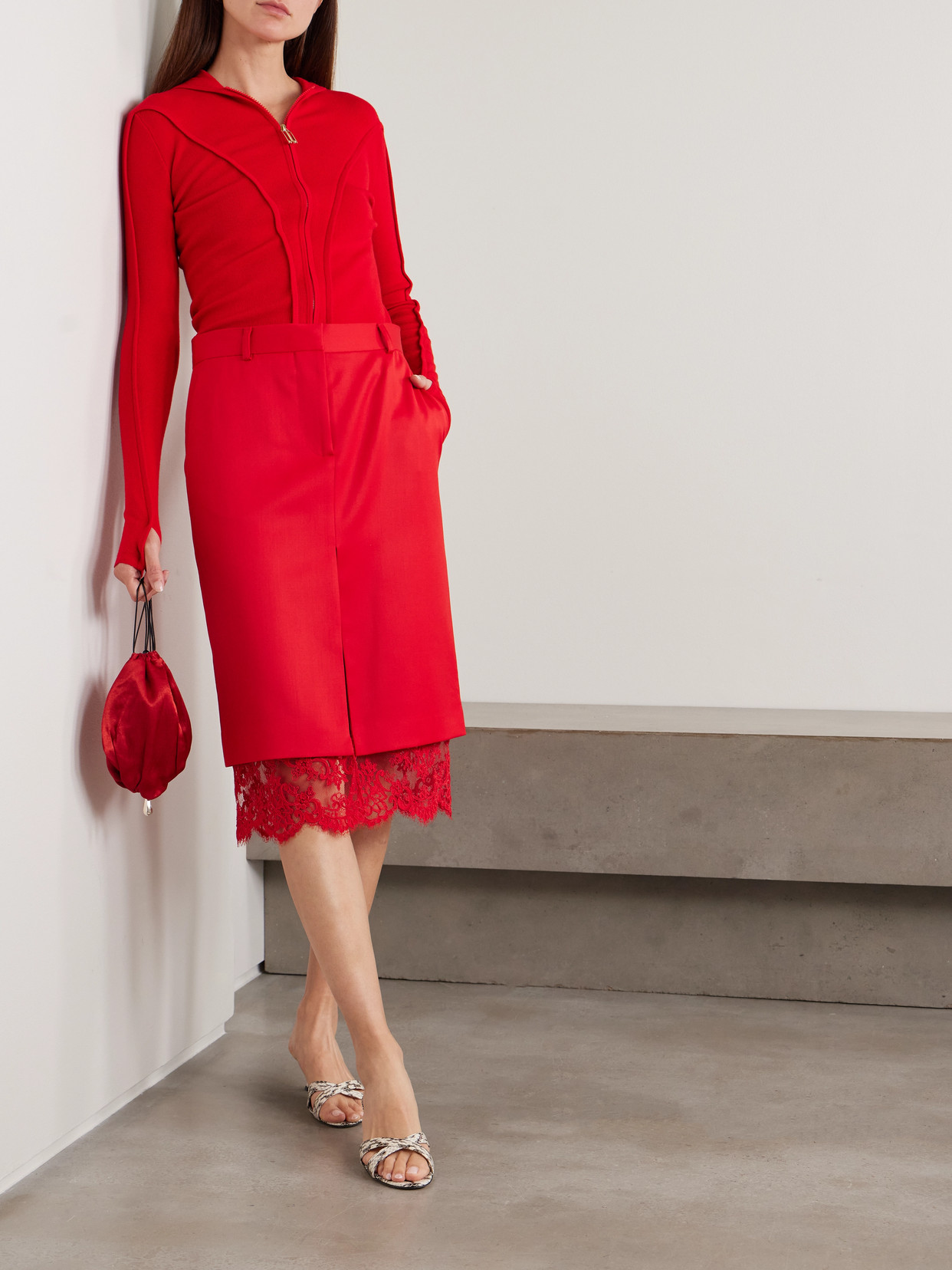Lace-trimmed Wool Skirt - Red
