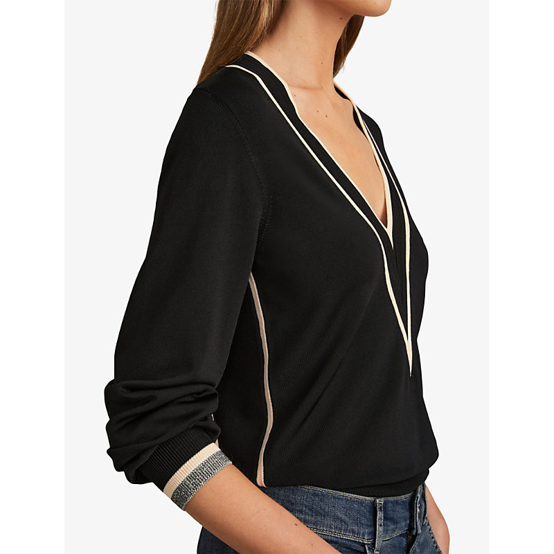 Womens Black/cream Faith Contrast-trim Stretch-woven Top S