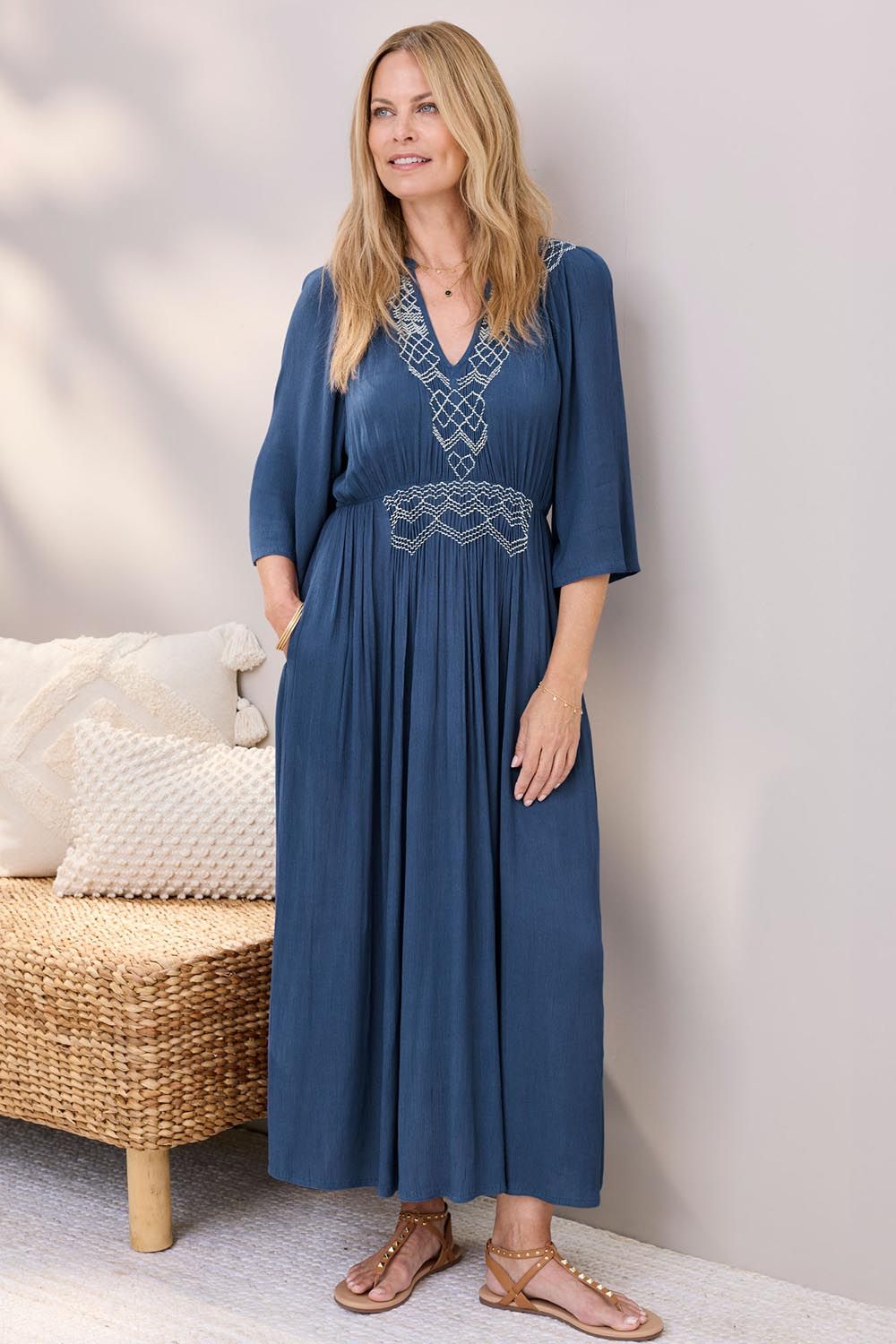 Cotton Traders Women's Embroidered Maxi Dress in Mid Blue