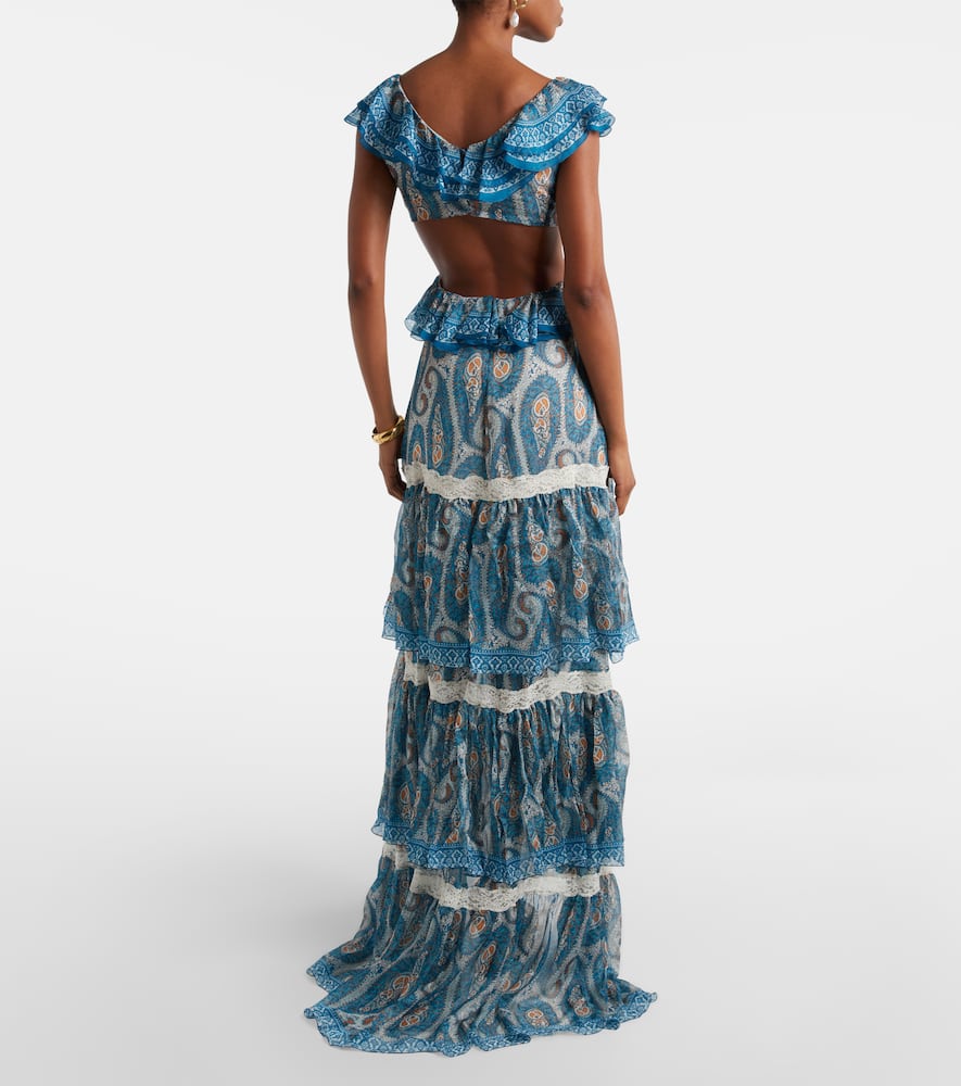 Paisley lace-trimmed ruffled silk maxi dress