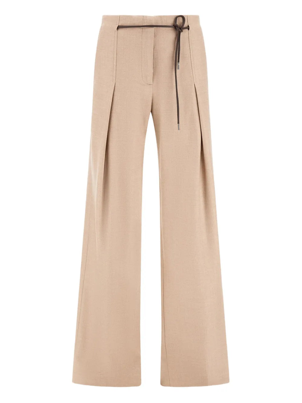 Belted High-Waist Pleated Trousers — Beige