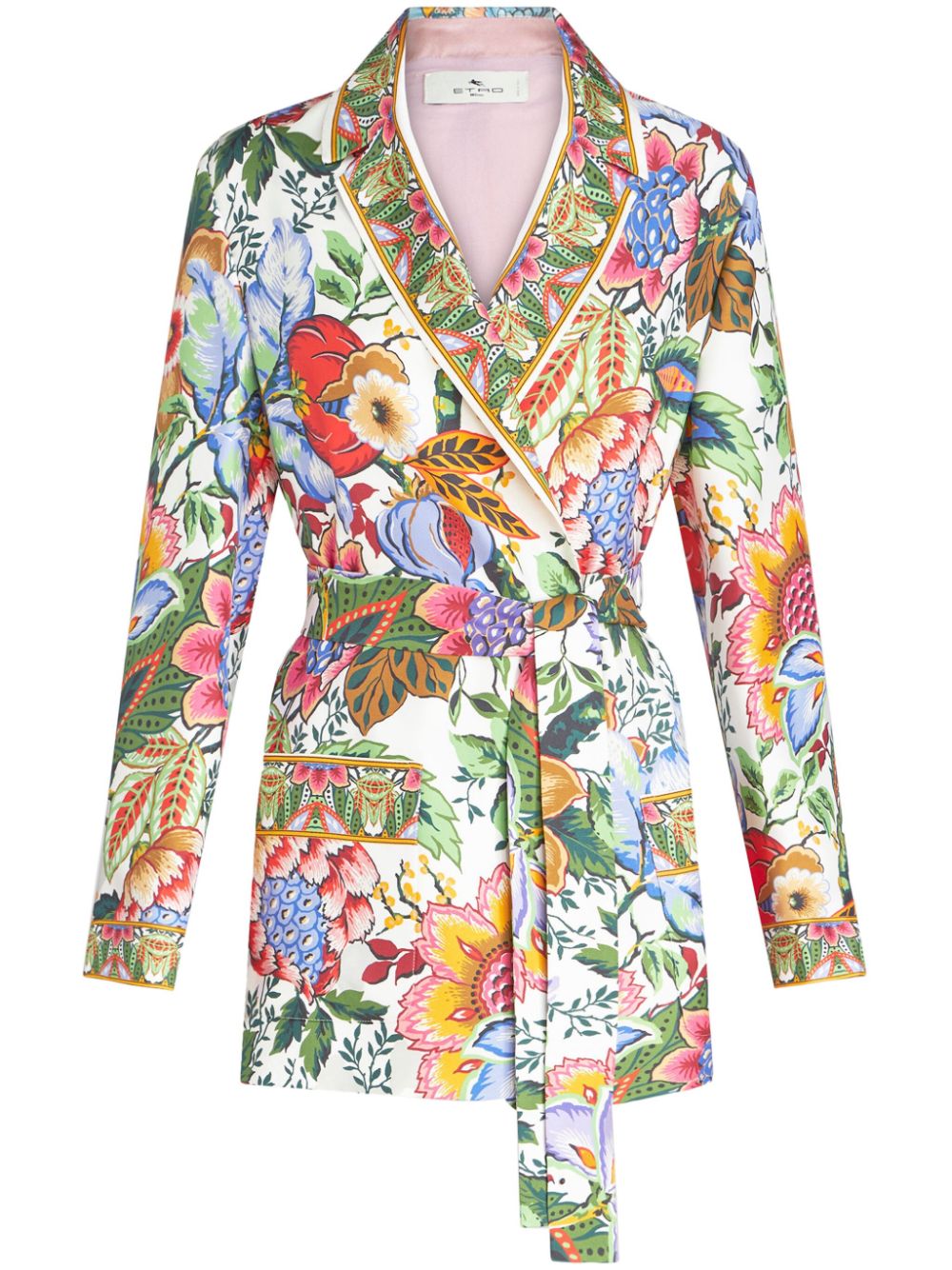 Floral-print belted silk jacket - White