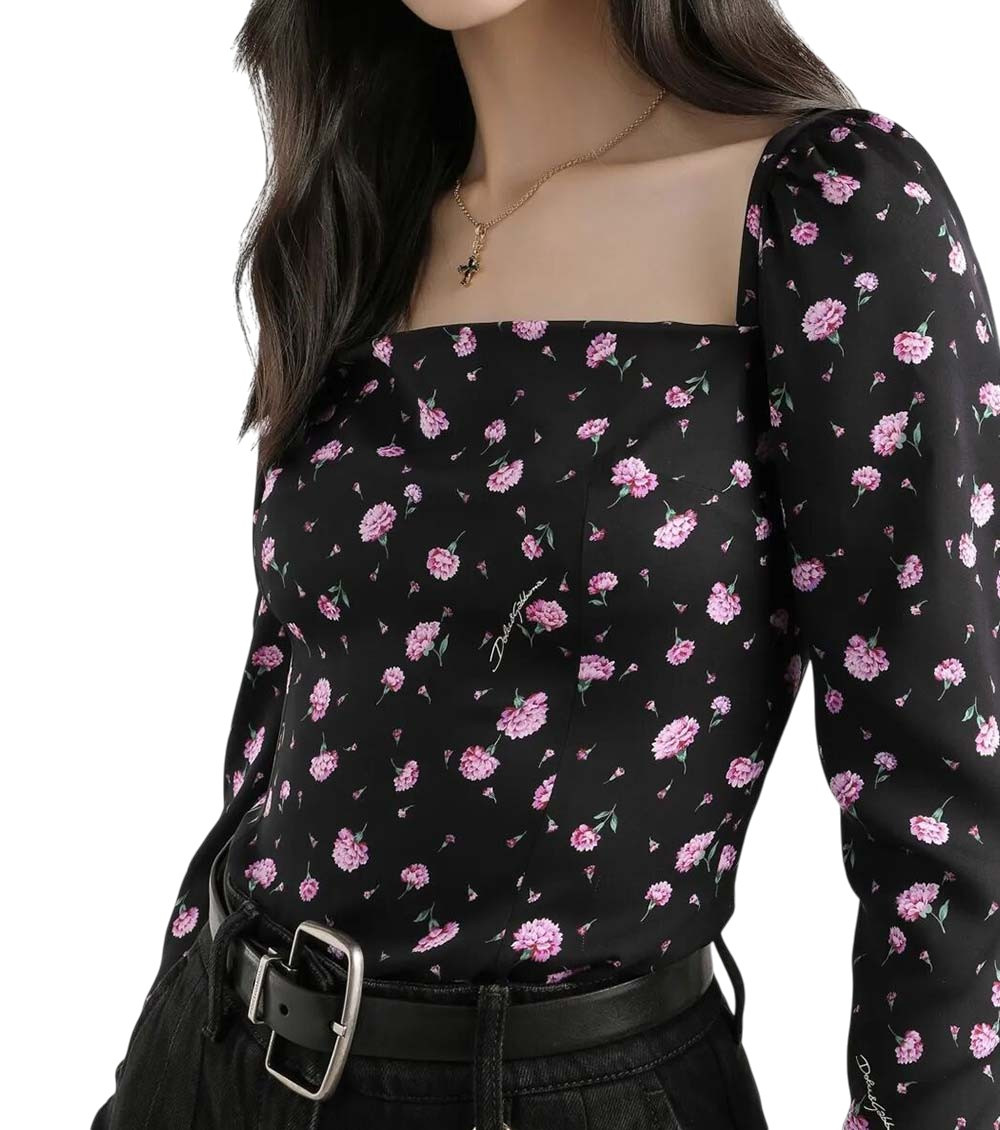Black Square Neck Floral Print Top