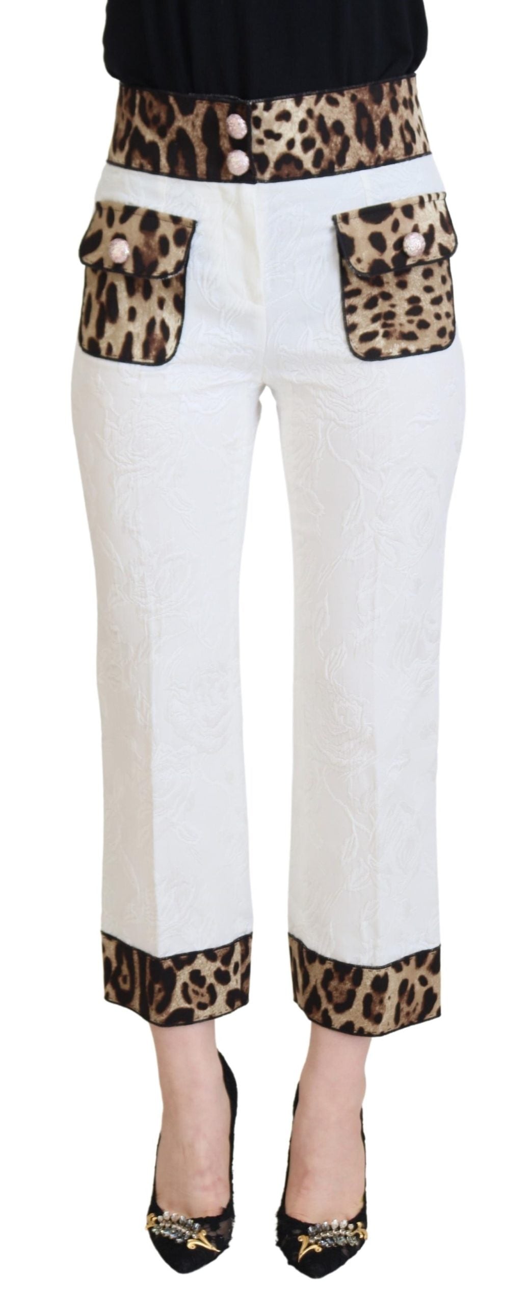 Leopard Print High-Waist Trousers — White